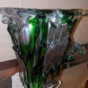 Vintage Heavy Hand Blown Art Glass w/ Bubbles Clear & Green Vase 10"x 8